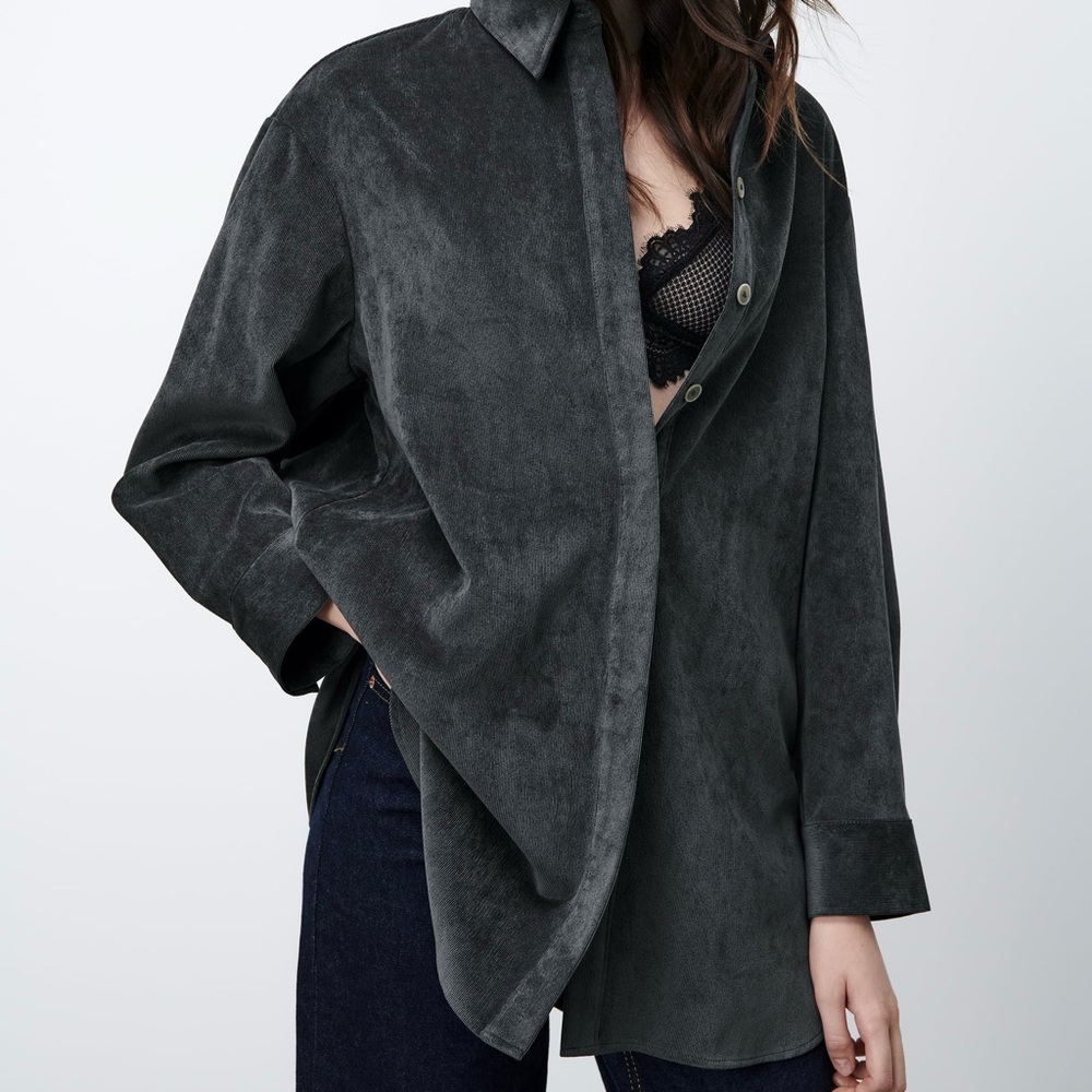 ZARA Corduroy Textured Weave Oversized Shirt in Charcoal Gray